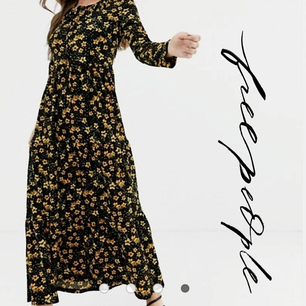 EUC Free People Tiers Of Joy Boho Prairie Midi Dress Sz. M Yellow Black Floral‎